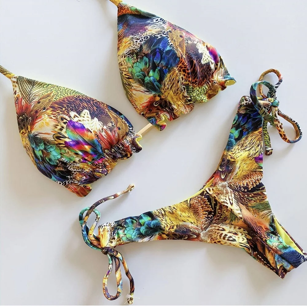 Bikini w paski wiązane seksowne brazylijski strój kąpielowy Brązowy