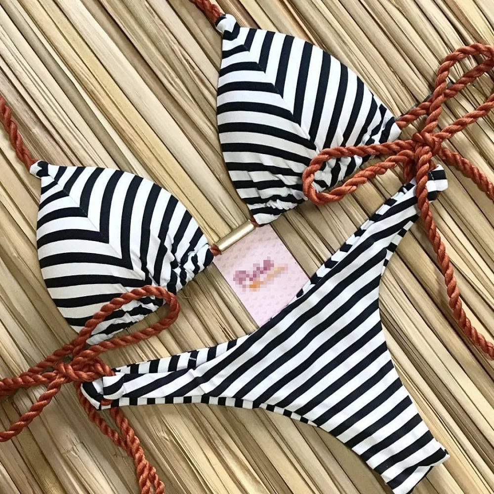 Bikini w paski wiązane seksowne brazylijski strój kąpielowy Czarny