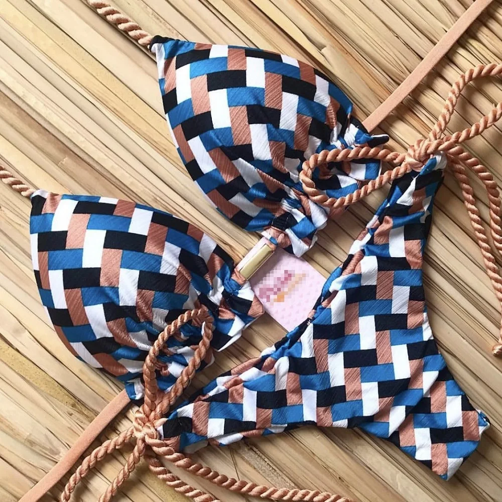 Bikini w paski wiązane seksowne brazylijski strój kąpielowy Niebieski