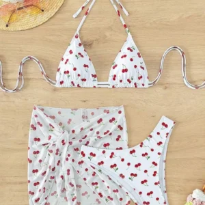 Bikini z nadrukiem wiśni trzyczęściowe ze spódniczką siatkową Biały
