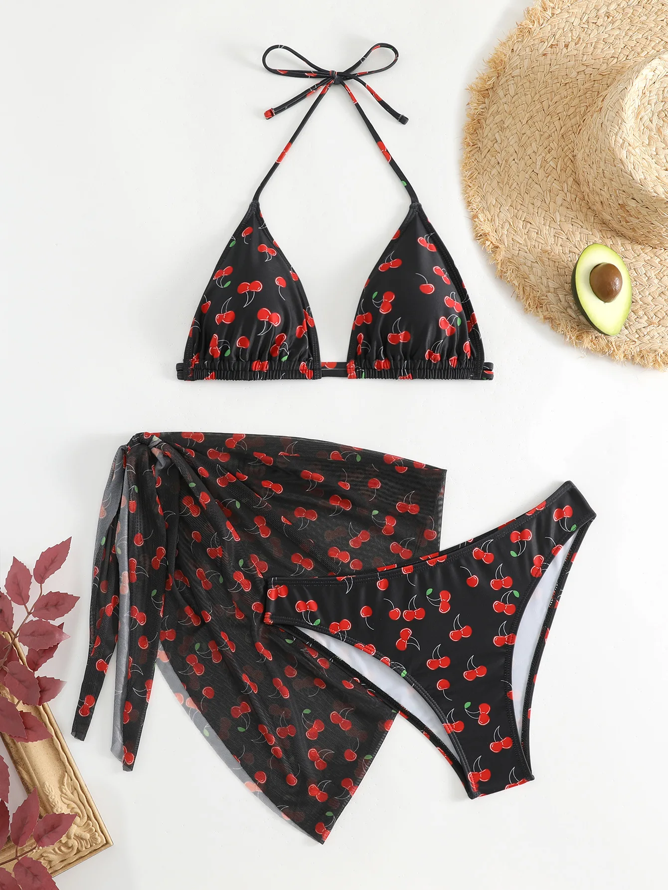 Bikini z nadrukiem wiśni trzyczęściowe ze spódniczką siatkową Czarny