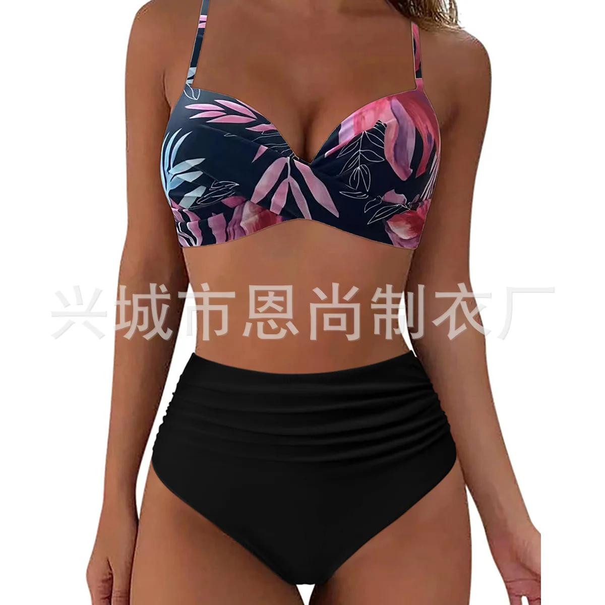 Bikini z wysokim stanem jednolite — zebrany strój kąpielowy z rozcięciem bocznym Kawa