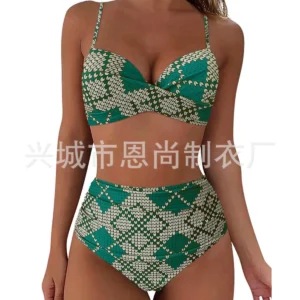 Bikini z wysokim stanem jednolite — zebrany strój kąpielowy z rozcięciem bocznym Różowy