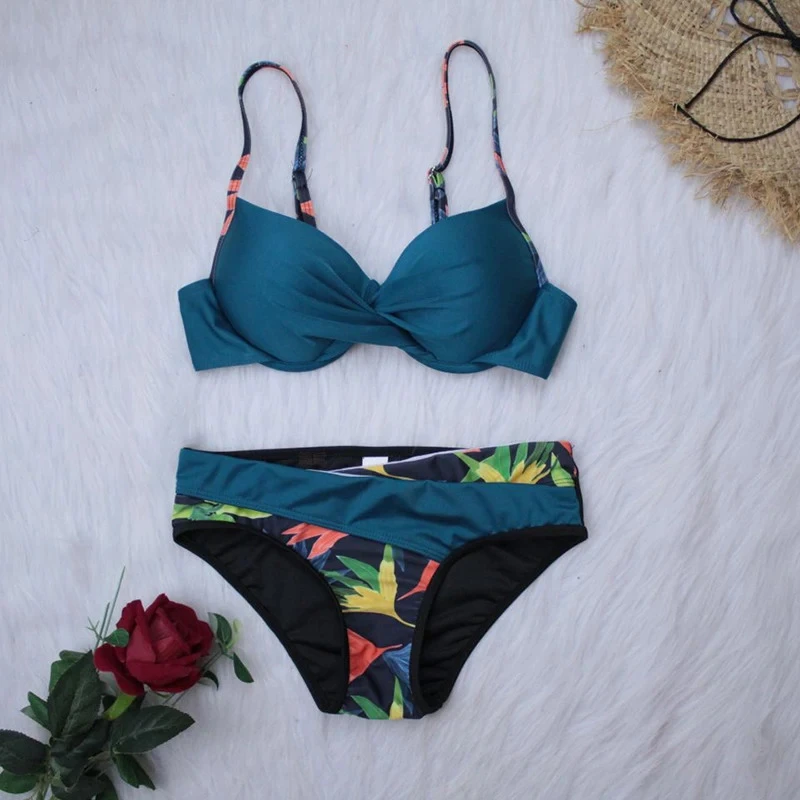 Bikini z wzorem liści patchwork push-up Ciemnozielony
