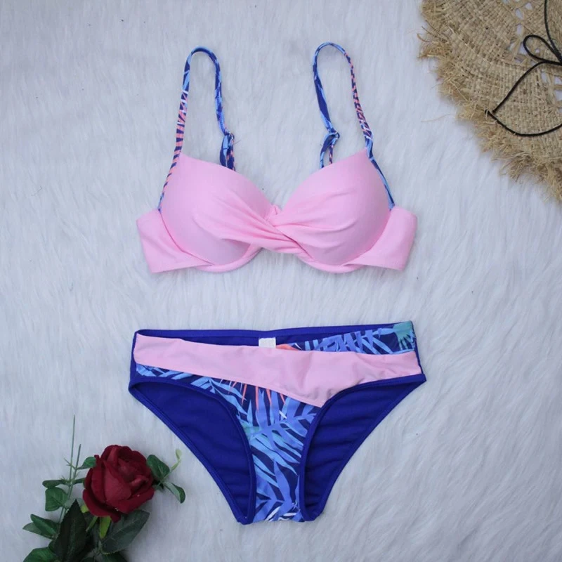 Bikini z wzorem liści patchwork push-up Różowy