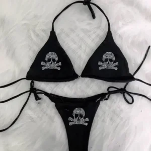 Bikini Y2K z nadrukiem czaszki i dżetami Czarny