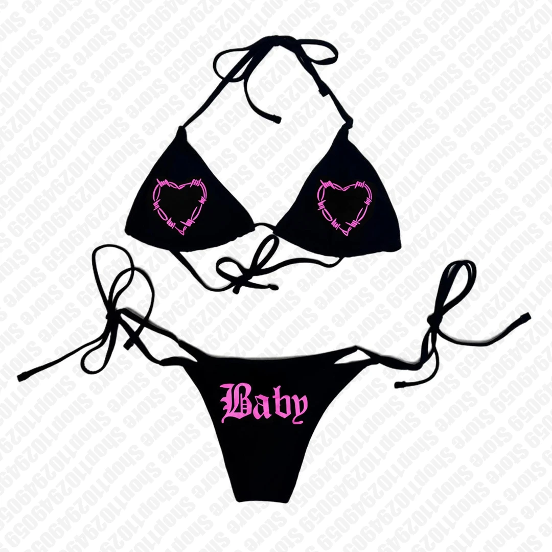 Bikini Y2K punk w stylu lat 2000 z napisem Czarny