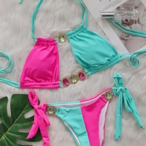 Bikini z cyrkoniami wycinane dwuczęściowe Cyjan