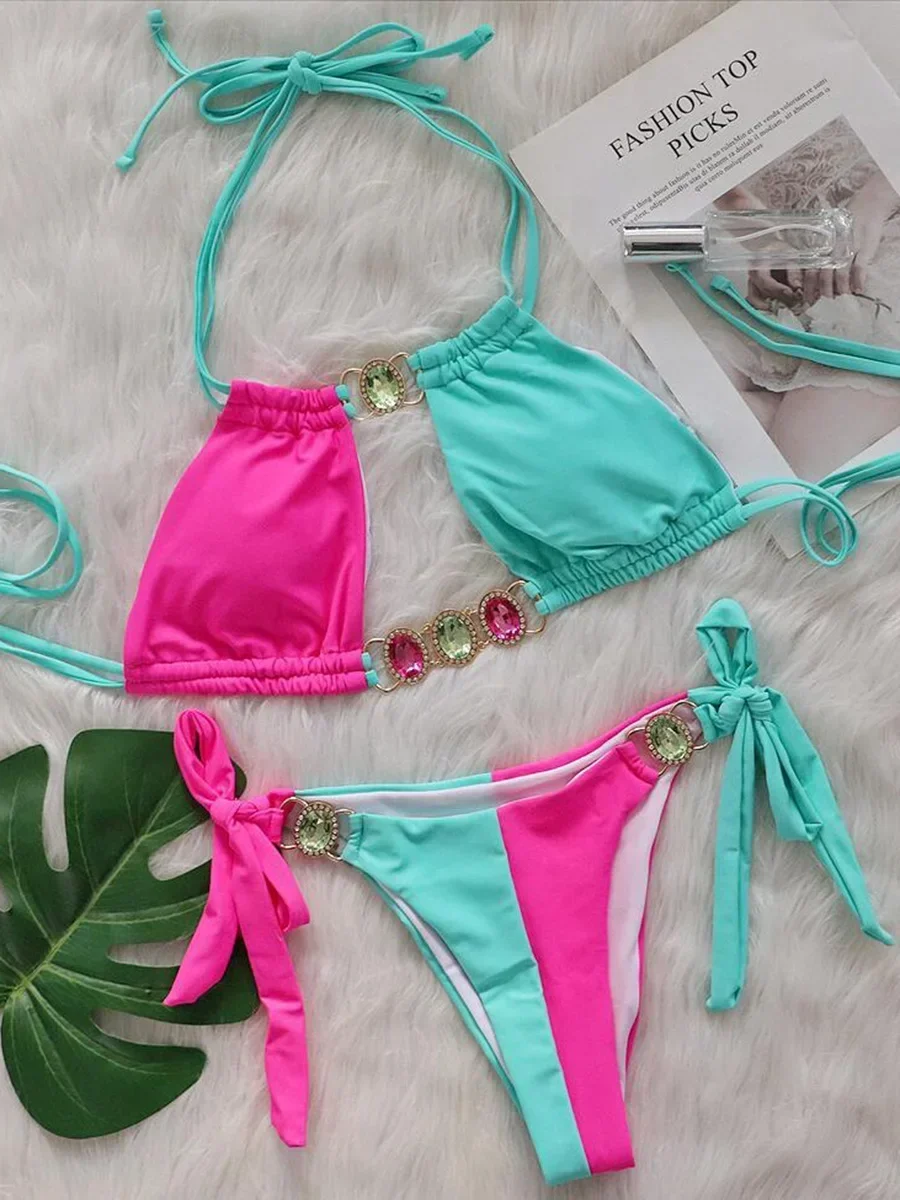Bikini z cyrkoniami wycinane dwuczęściowe Cyjan
