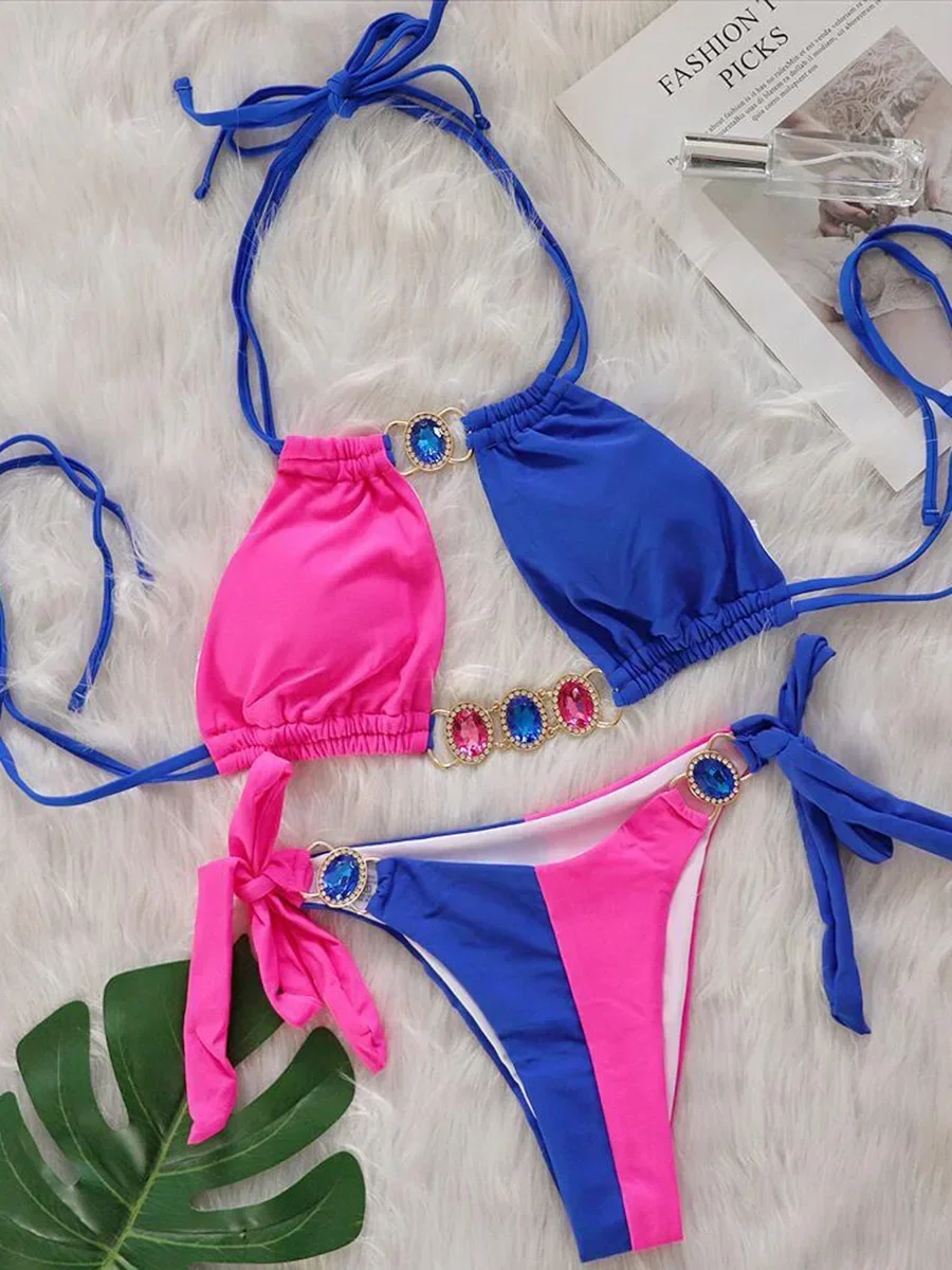 Bikini z cyrkoniami wycinane dwuczęściowe Niebieski