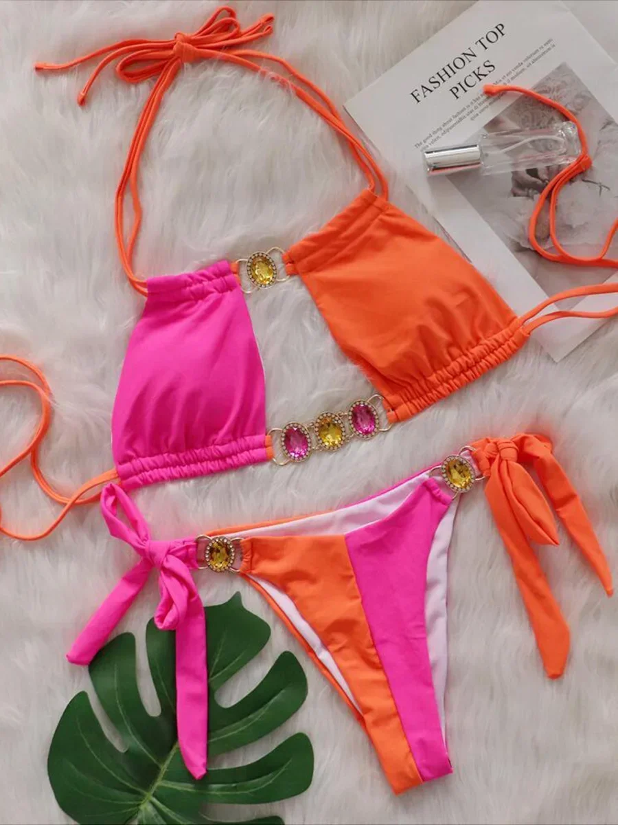 Bikini z cyrkoniami wycinane dwuczęściowe Róża czerwona