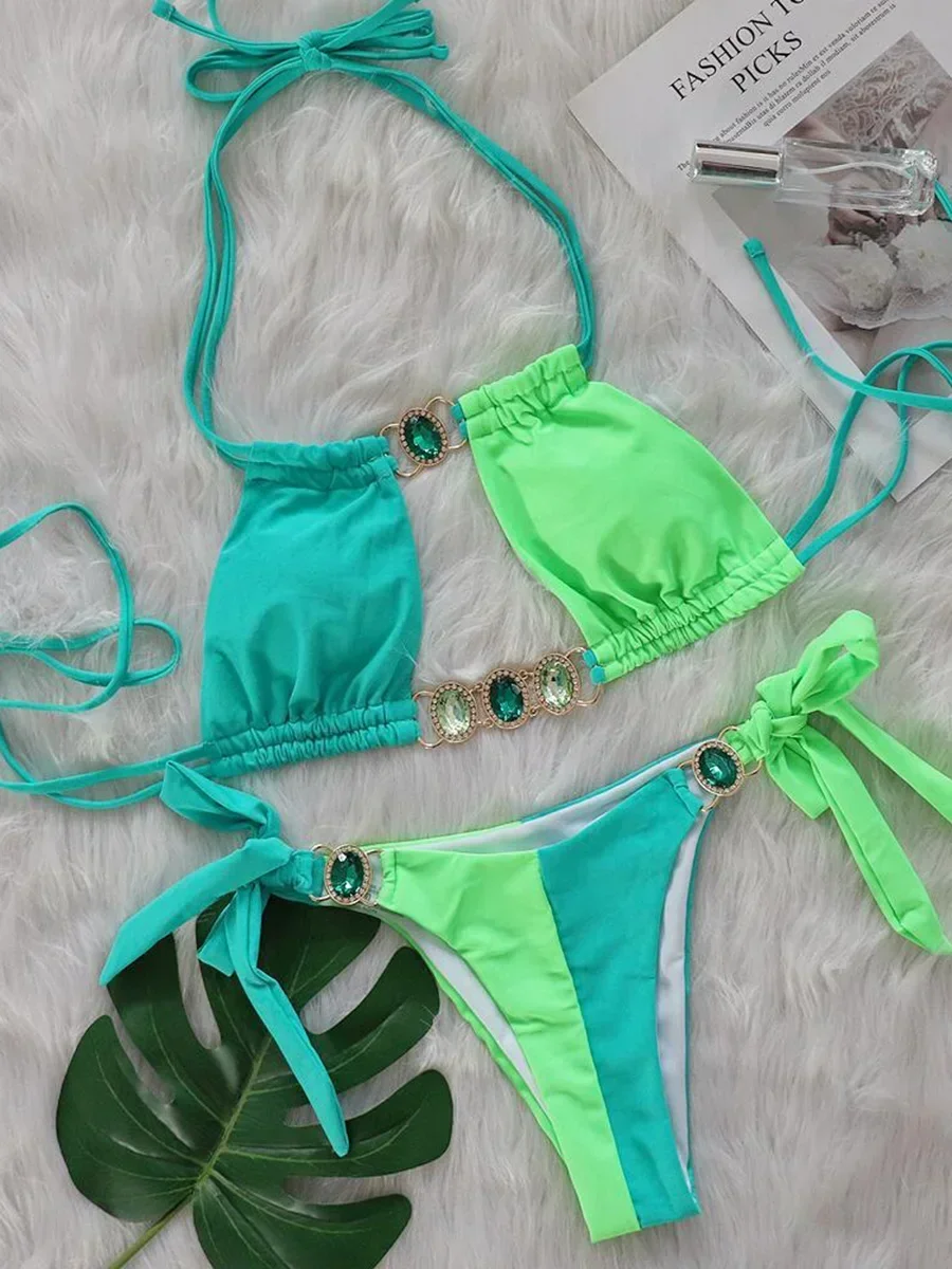 Bikini z cyrkoniami wycinane dwuczęściowe Turkusowy