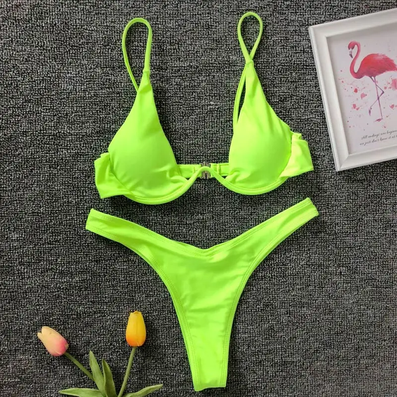 Bikini z fiszbinami i topem V-bar w żywych kolorach Armijna zieleń