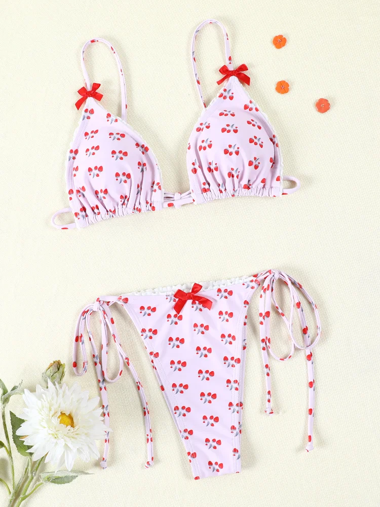 Bikini z kokardką patchwork ze stringami brązowe Khaki