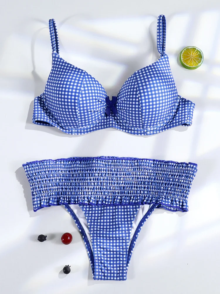 Bikini z kokardką patchwork ze stringami brązowe Szary