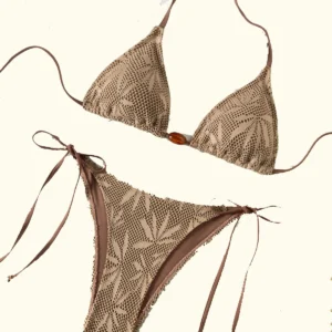 Bikini zdobione koralikami wiązane na sznurki — letni zestaw Brązowy