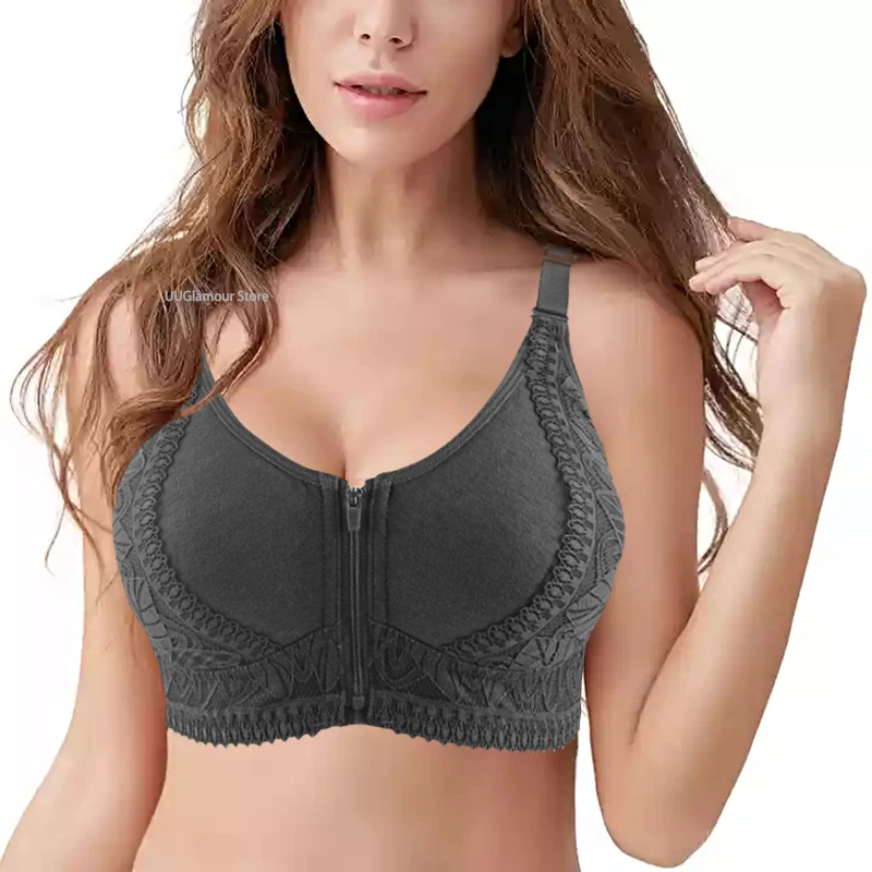 Biustonosz bralette koronka patchwork zapięcie z przodu duże rozmiary Czarny