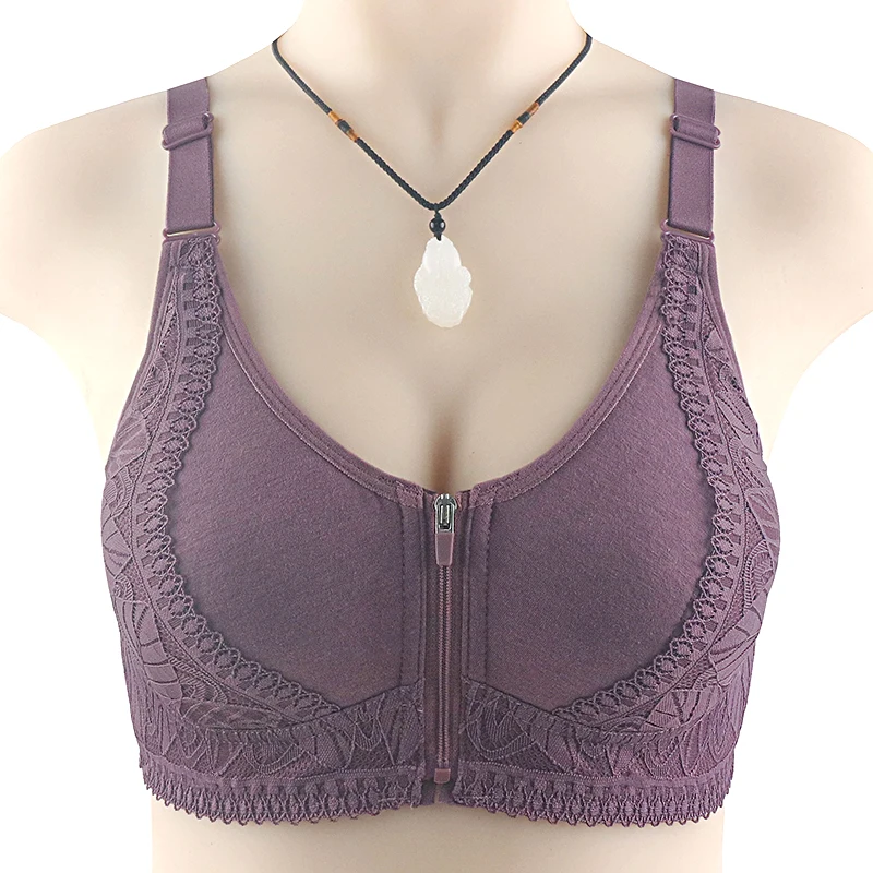 Biustonosz bralette koronka patchwork zapięcie z przodu duże rozmiary Fioletowy