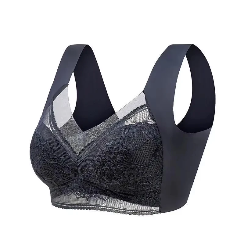 Biustonosz push-up koronkowy ice silk bezprzewodowy plus size Beżowy