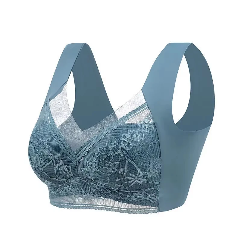 Biustonosz push-up koronkowy ice silk bezprzewodowy plus size Niebieski