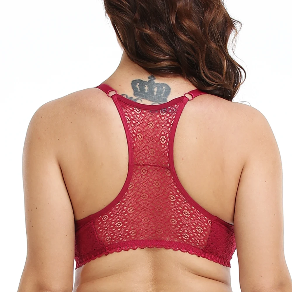 Biustonosz zapinany z przodu plus size, miseczki C D E Burgundia