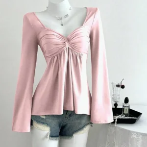 Bluza damska z kapturem i skręconym dekoltem Różowy
