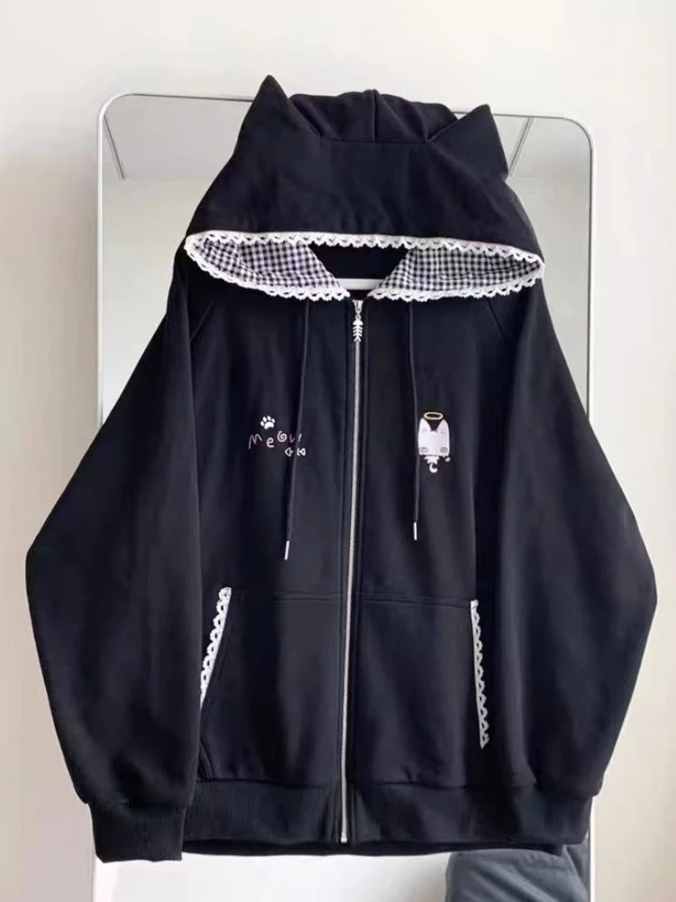 Bluza damska z kapturem Y2K kawaii kurtka sportowa Czarny