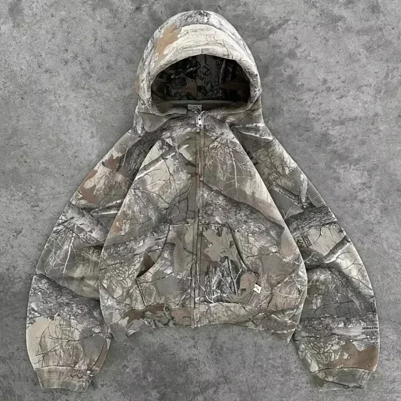 Bluza damska Y2K z kapturem i zamkiem, gruby polar Khaki