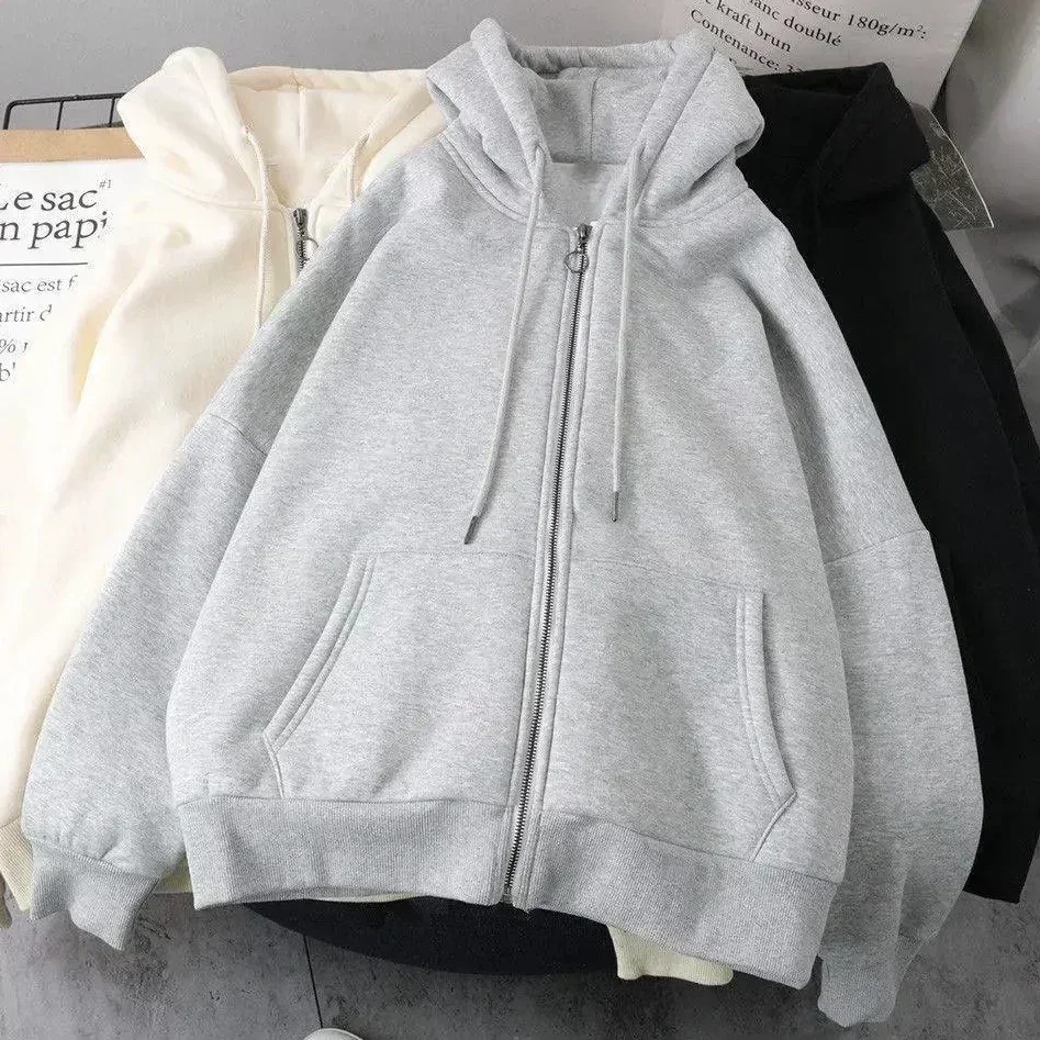 Bluza damska Y2K z kapturem i zamkiem, gruby polar Szary