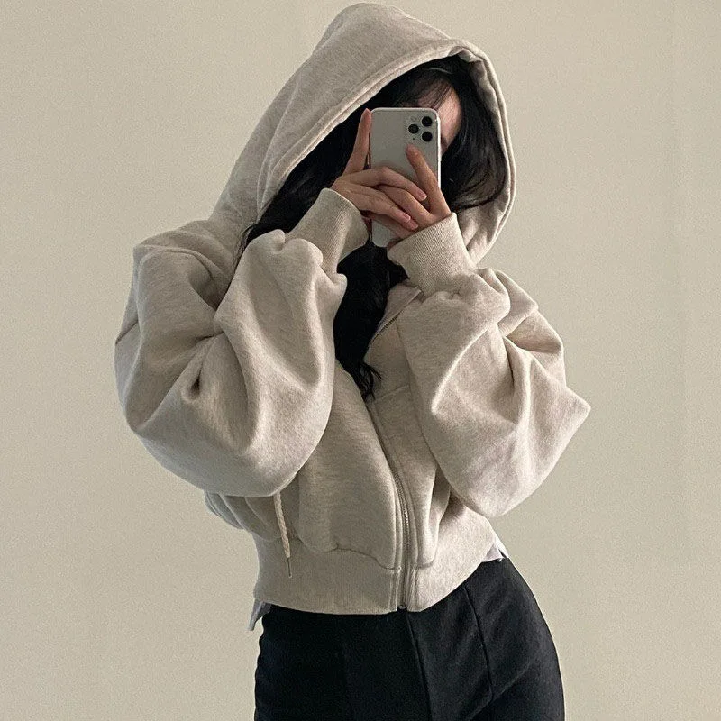 Bluza damska z kapturem i zamkiem streetwear Jasnoszary
