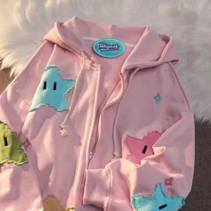 Bluza dresowa damska z aplikacją gwiazdy – kaptur oversize Różowy