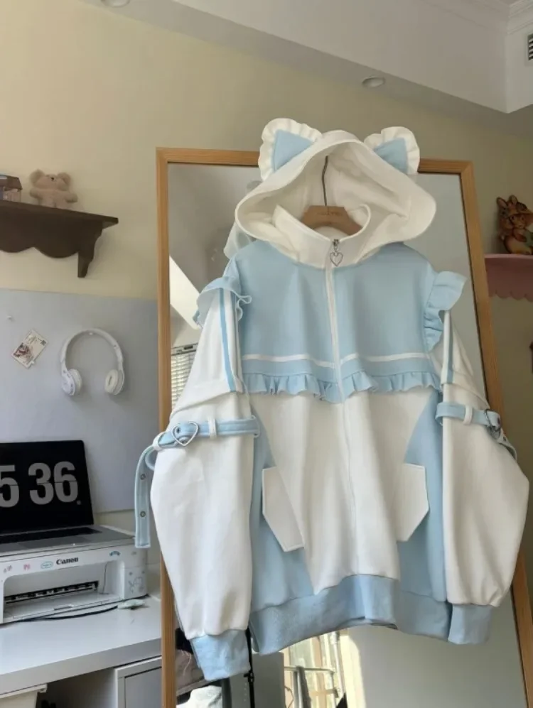 Bluza z kapturem Y2K Harajuku z falbanami i suwakiem — estetyka kawaii Czarny