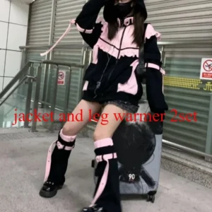Bluza z kapturem Y2K Harajuku z falbanami i suwakiem — estetyka kawaii Niebieski