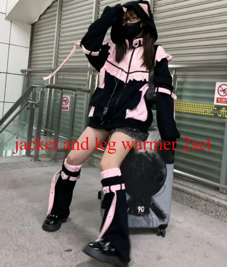 Bluza z kapturem Y2K Harajuku z falbanami i suwakiem — estetyka kawaii Niebieski