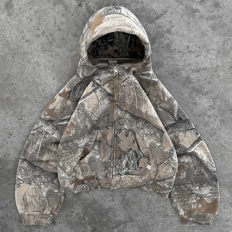 Bluza z kapturem na zamek w kamuflażu oversize Y2K Beżowy