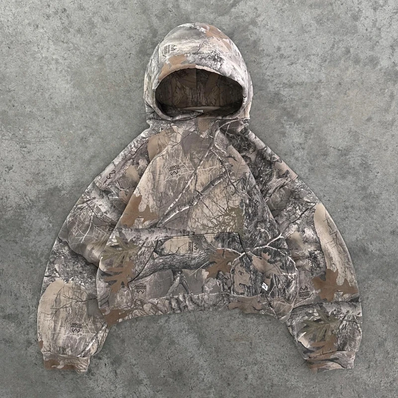 Bluza z kapturem na zamek w kamuflażu oversize Y2K Czarny