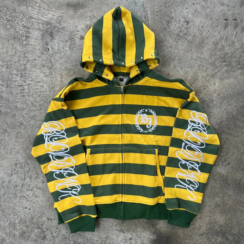 Bluza z kapturem Y2K Street na zamek z nitami i haftem Beżowy