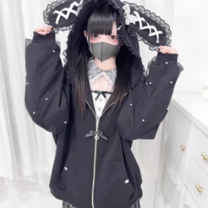 Bluza Lolita Y2K z perłami i króliczymi uszkami Czarny
