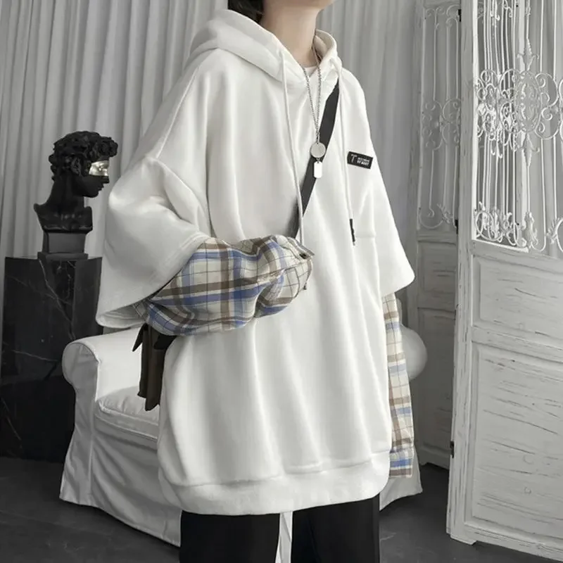 Bluza oversize z kapturem w kratę – styl Y2K Harajuku dla kobiet Biały