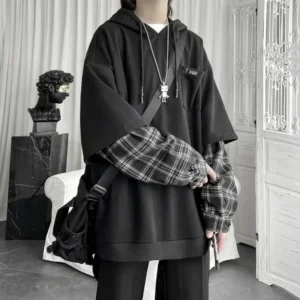 Bluza oversize z kapturem w kratę – styl Y2K Harajuku dla kobiet Czarny