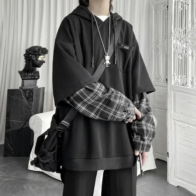 Bluza oversize z kapturem w kratę – styl Y2K Harajuku dla kobiet Czarny