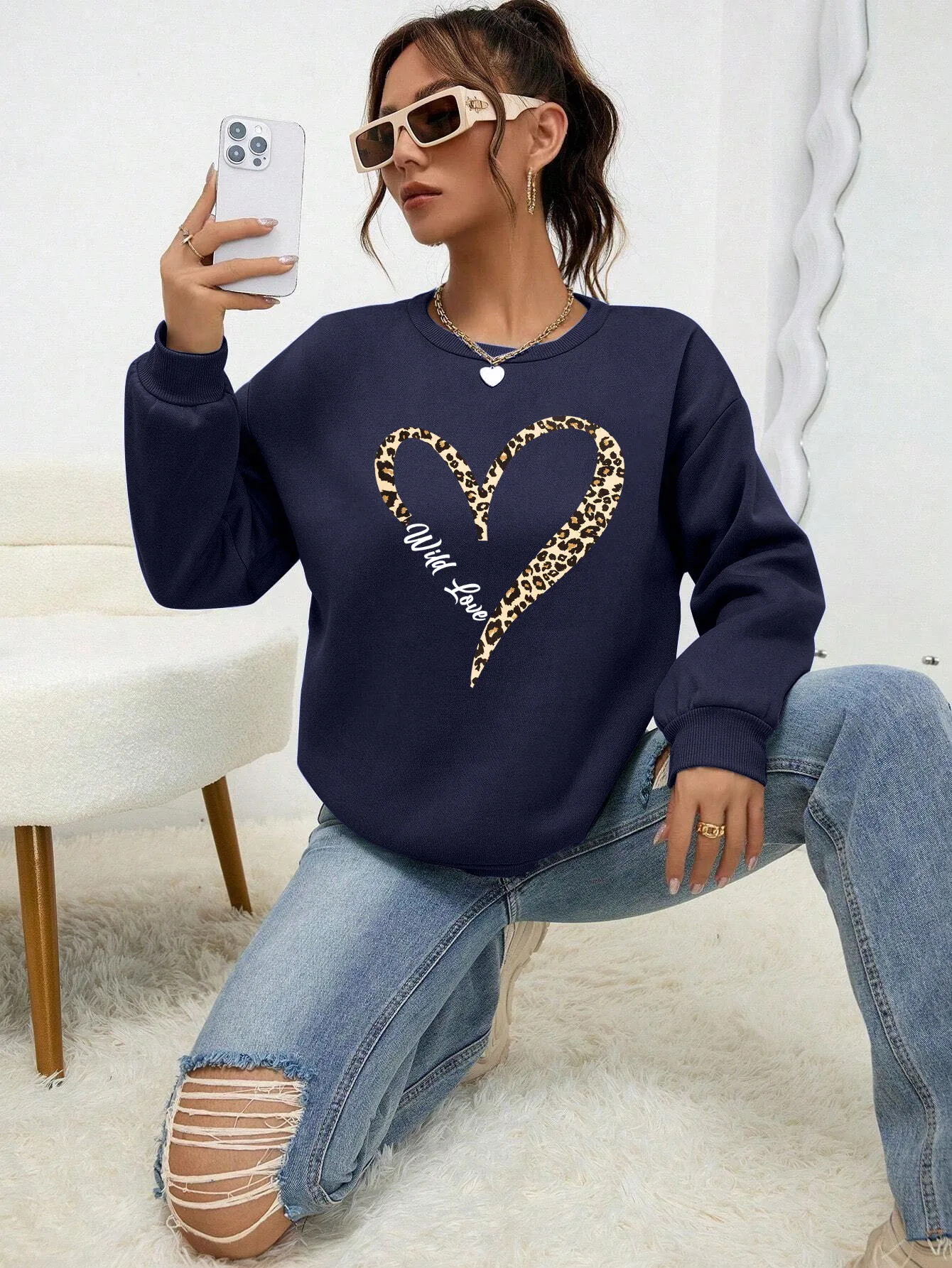 Bluza plus size w panterkę z okrągłym dekoltem Kolba