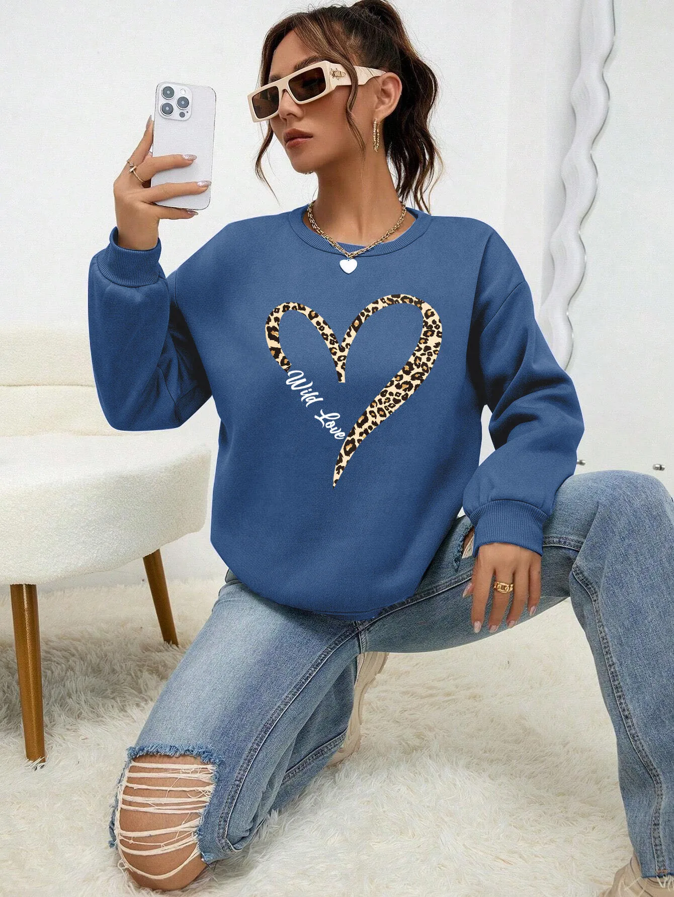 Bluza plus size w panterkę z okrągłym dekoltem Złoto