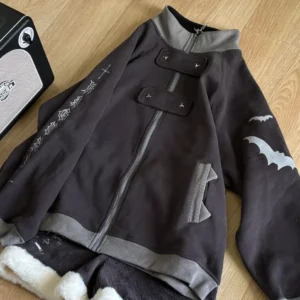 Bluza Y2K z nadrukiem i pluszową podszewką — ciepła kurtka na zamek Beżowy