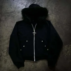 Bluza Y2K z puszystym polarem sherpa retro streetwear Czarny