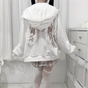 Bluza z kapturem królicze uszy z perłą i kokardą Beżowy