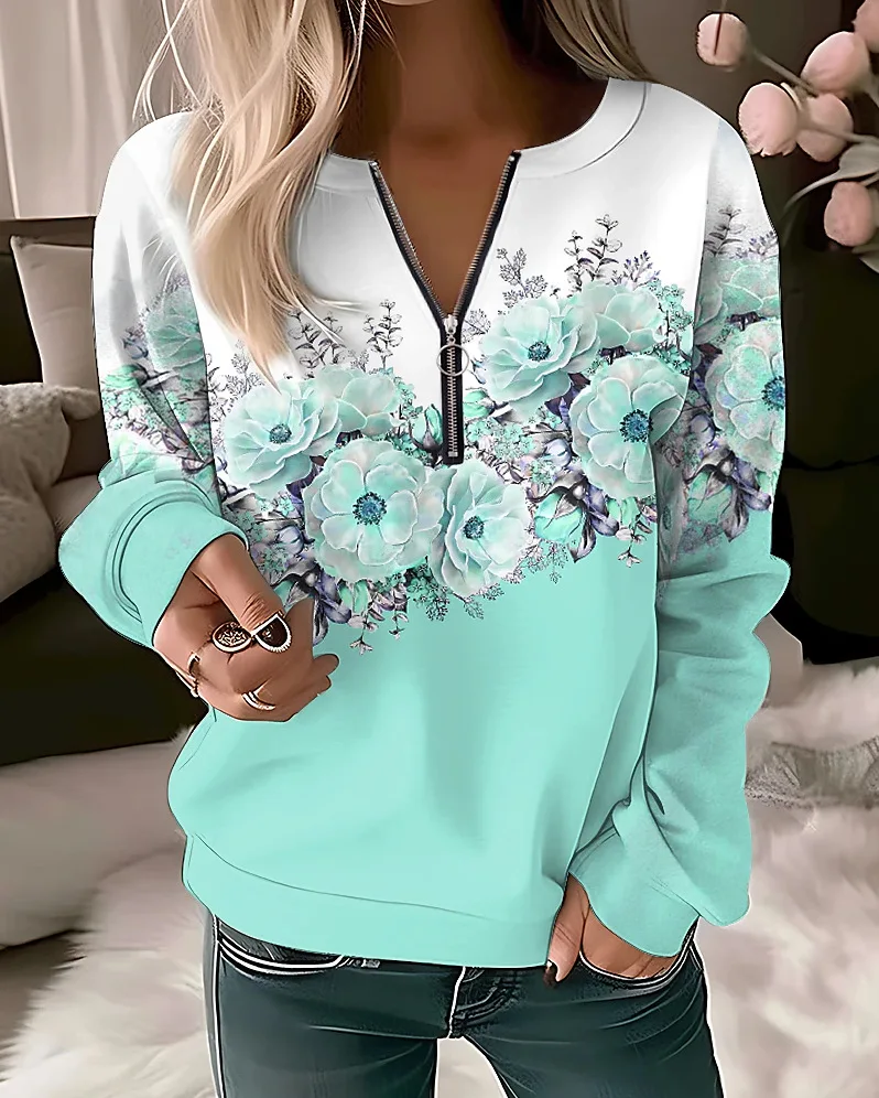 Damska bluza z kapturem oversize w kwiaty na zamek Brązowy