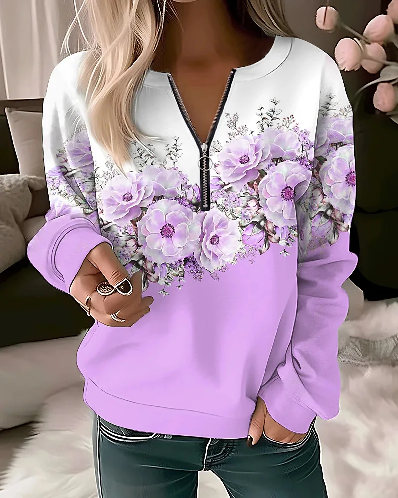 Damska bluza z kapturem oversize w kwiaty na zamek Ciemnoszary