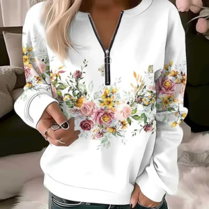 Damska bluza z kapturem oversize w kwiaty na zamek Czarny