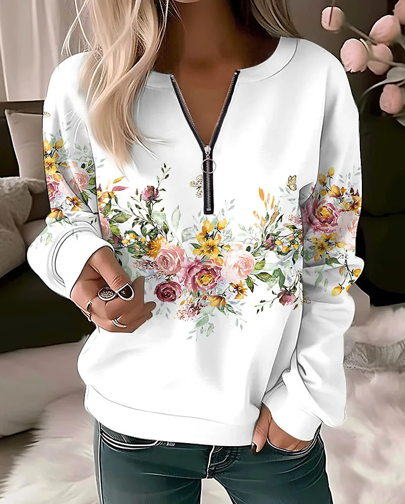 Damska bluza z kapturem oversize w kwiaty na zamek Czarny